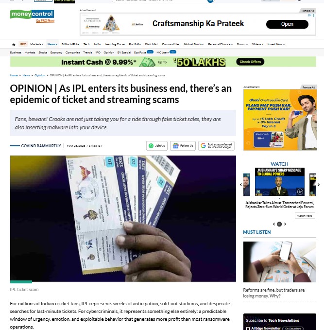 OPINION | As IPL enters its business end, there’s an epidemic of ticket and streaming scams  Read More: https://www.moneycontrol.com/news/opinion/as-ipl-enters-its-business-end-there-s-an-epidemic-of-ticket-and-streaming-scams-13930861.html