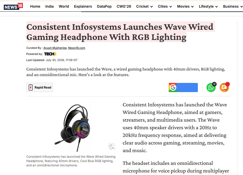 Consistent Infosystems Launches Wave Wired Gaming Headphone With RGB Lighting