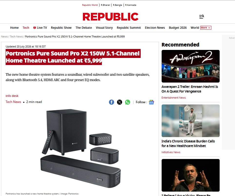 Portronics Pure Sound Pro X2 150W 5.1-Channel Home Theatre Launched at ₹5,999